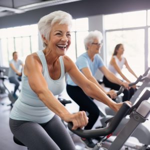 Smiling happy healthy fit slim senior woman with grey hair practising indoors sport with group of people on an exercise bike in gym.